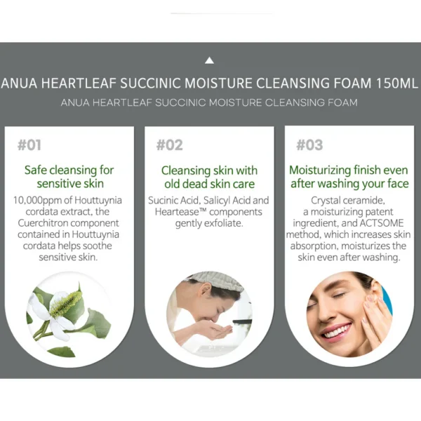 ANUA Heartleaf Succinic Cleansing Foam - Jabon de Limpieza Facial - Imagen 2